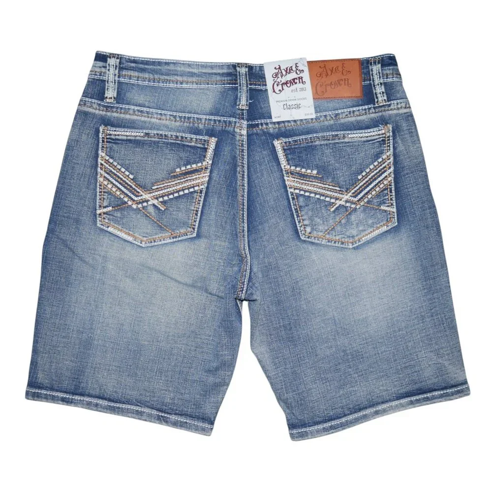 Axe and Crown Embroidered Jean Shorts Men's Size 36 Y2K Thick Stitch Jorts NWT
